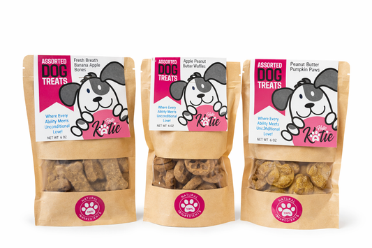  "Three bags of Hello Katie Treats handmade dog treats bundle — peanut butter paws, apple peanut butter waffles, and banana apple bones" 🐾